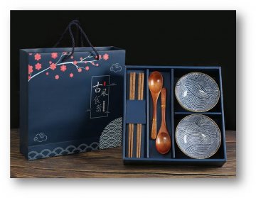 家庭餐具套装 古风食器—两碗两筷两勺 手彩水纹